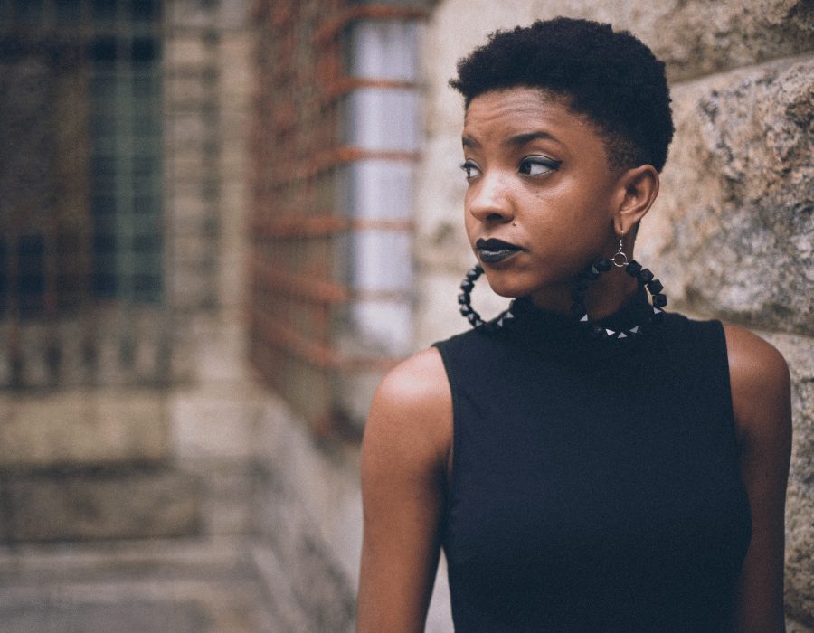 a woman in a black dress